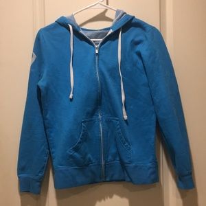 HYLETE womens zip up Hoodie logo sleeve “train.compete.live.”on hood size S blue